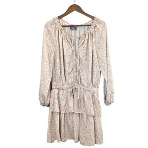 South Boutique Beige Tan Floral Smocked Ruffle Long Sleeve Dress Sz Large